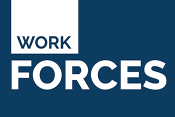 Work Forces logo in white and blue