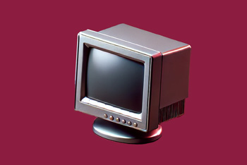 AI-generated image by Alex Davis/ASU - Image looks like a silver, boxy computer monitor circa the early 90s on a short, round, silver stand set against a solid maroon background.