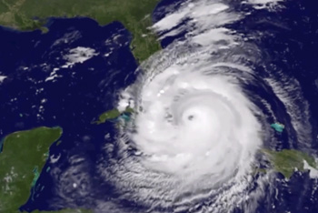 The "Hurricane Heroes" virtual-reality lab experience uses real-life hurricane data. Image (close-up of a monitor showing a storm captured by satellite imagery) courtesy of the Meteor Studio