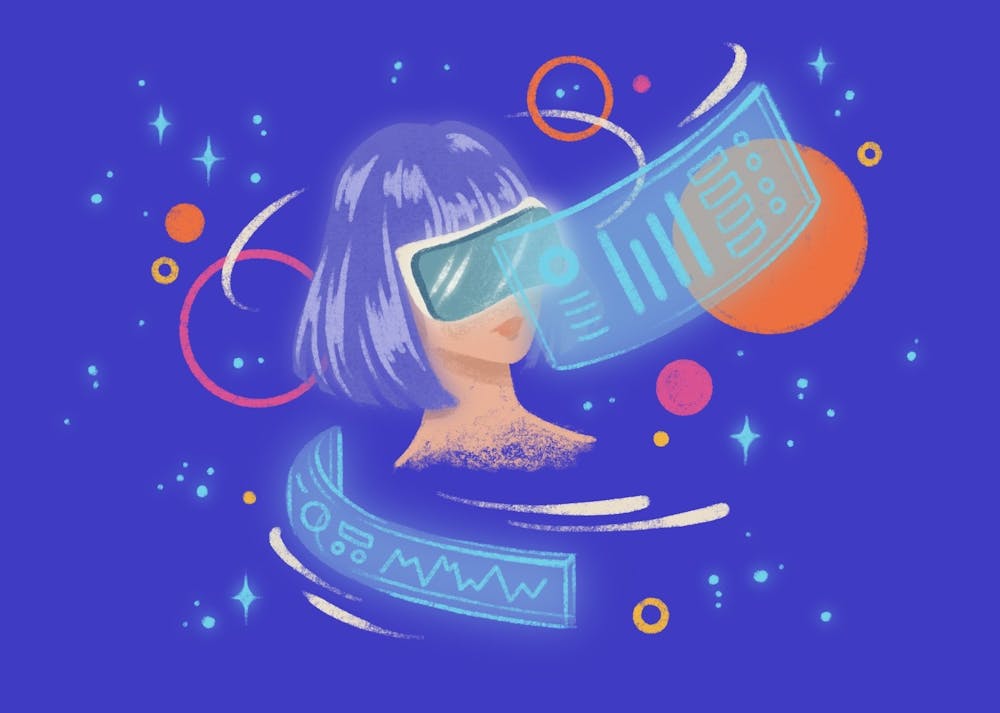 Illustration of a person with a VR headset showing digital interfaces against a blue background with geometric shapes.