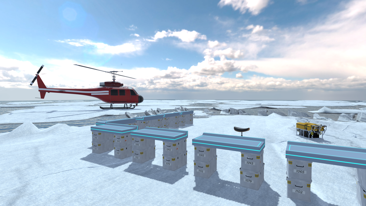 An arctic scene with a red helicopter, rows of white and blue storage boxes, and a yellow robotic device on ice.